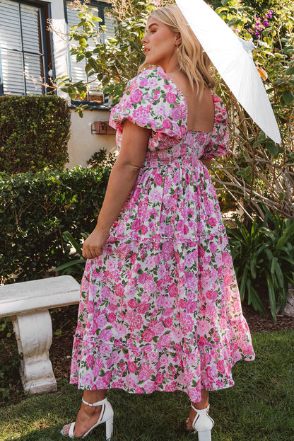 Elegant Pink Floral Smocked Puff Sleeve Maxi Dress