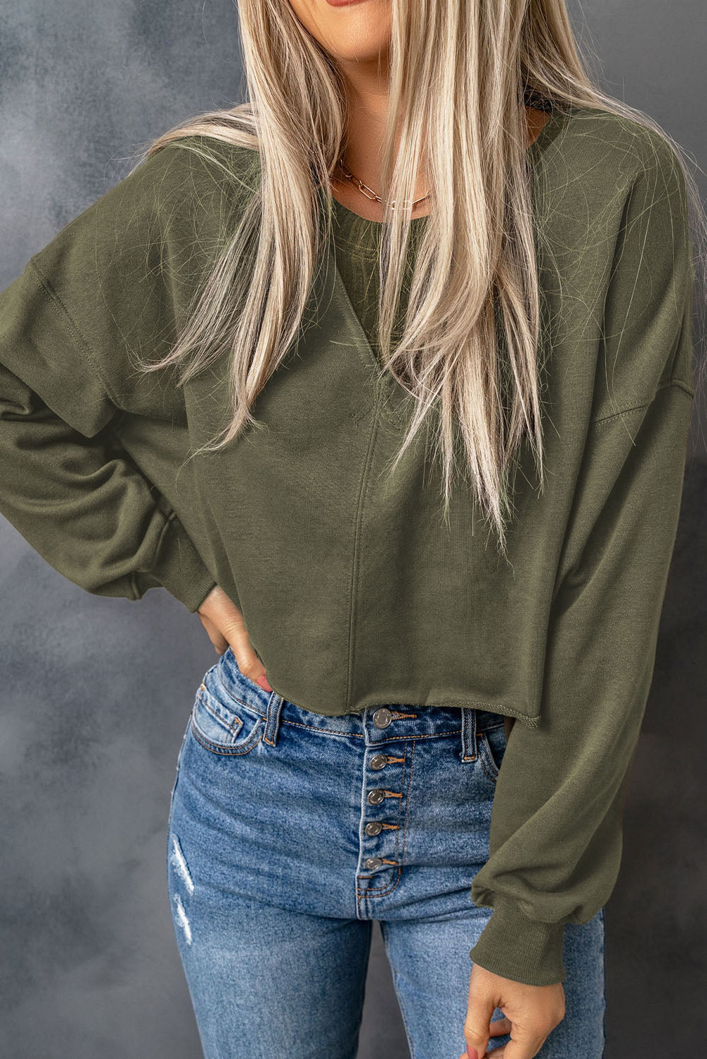 Green Curly Hemline Cropped Sweatshirt