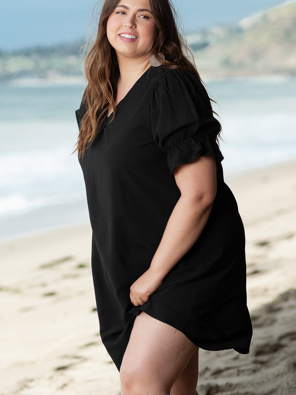 Black Solid Ruffled Puff Sleeve V Neck Plus Size Mini Dress