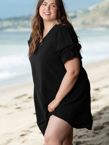 Black Solid Ruffled Puff Sleeve V Neck Plus Size Mini Dress