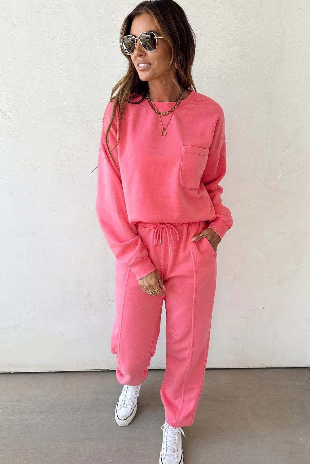 Strawberry Pink Single Chest Pocket Drop Shoulder Pullover Drawstring Jogger Pant Set