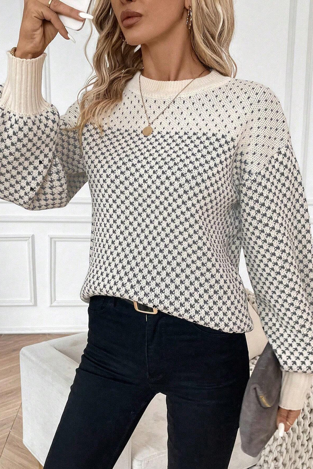 Gray Contrast Color Pattern Lantern Sleeve Sweater