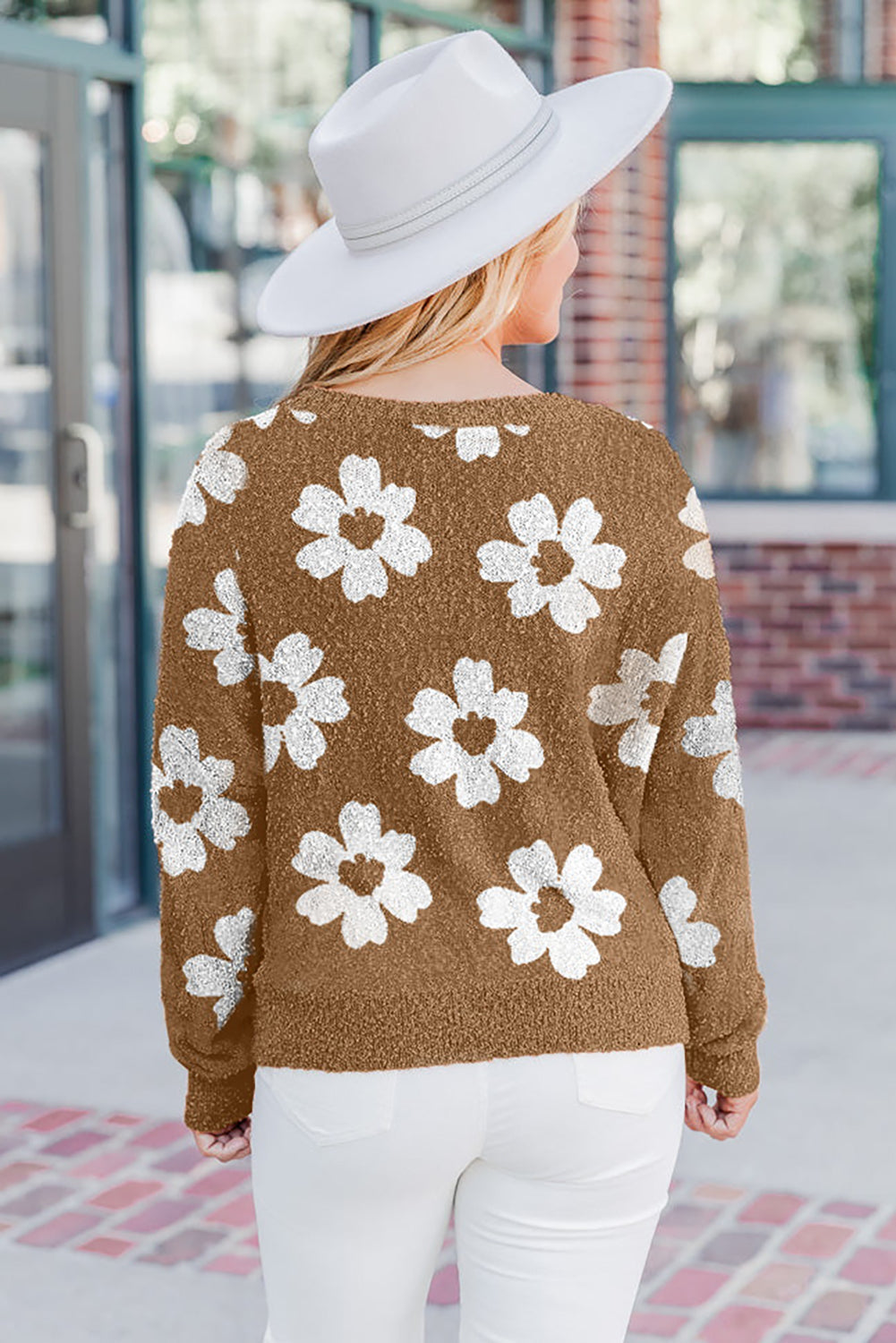 Camel Fuzzy Floral Knitted Drop Shoulder Sweater
