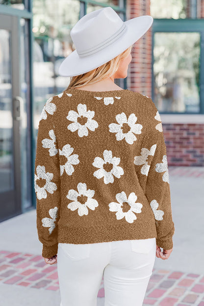 Camel Fuzzy Floral Knitted Drop Shoulder Sweater