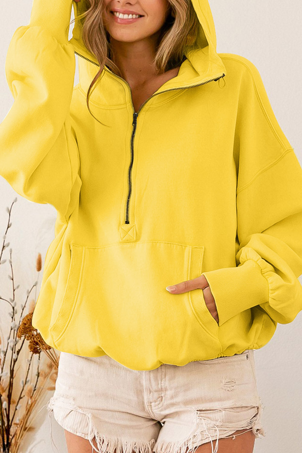 Golden Hooded Kangaroo Pocket Zip-Up Hooded Sweatshirt