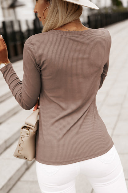 Khaki Ribbed V Neck Top with Chest Pocket