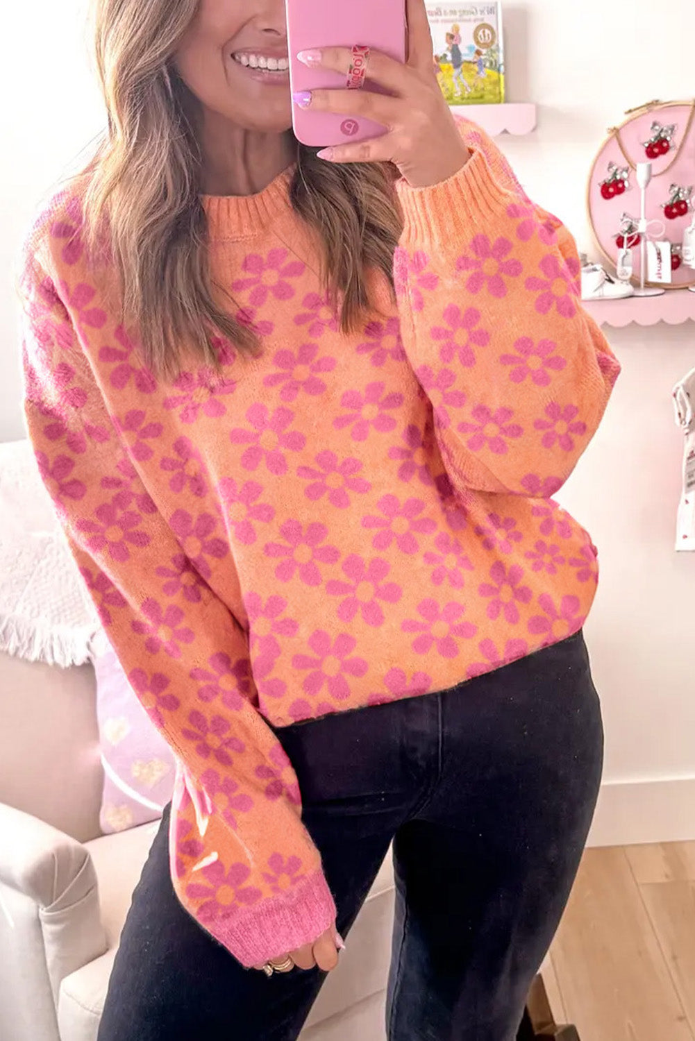 Grapefruit Orange Ribbed Trim Flower Pattern Loose Sweater