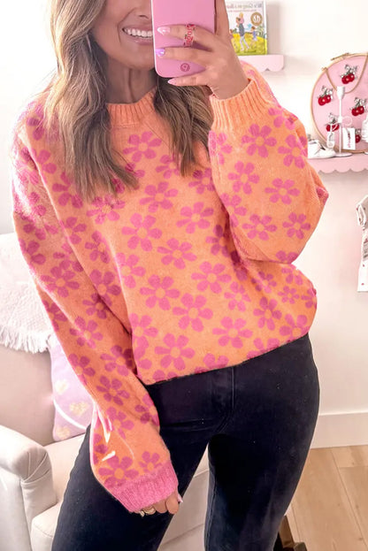 Grapefruit Orange Ribbed Trim Flower Pattern Loose Sweater