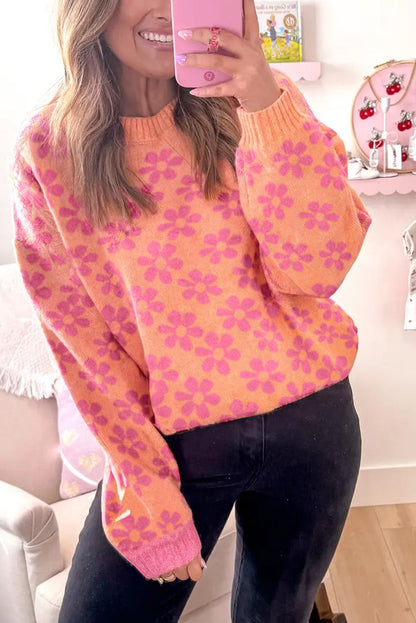 Grapefruit Orange Ribbed Trim Flower Pattern Loose Sweater
