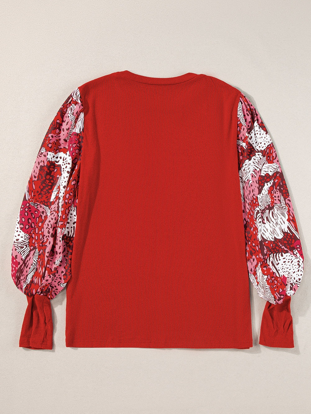 Festive Red Animal Print Lantern Sleeve Patchwork Top