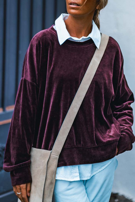 Grape Wine Long Sleeve Drop Shoulder Round Neck Loose Velvet Top
