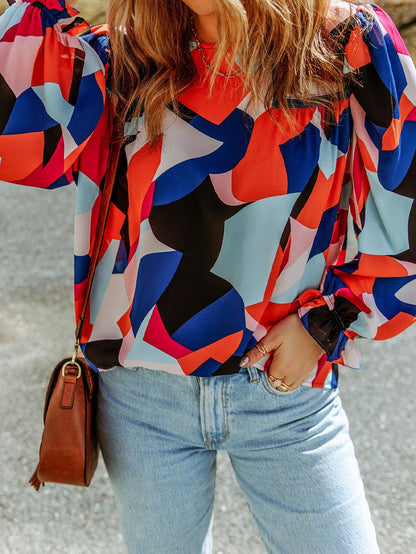Glowing Abstract Pattern Ruffled Sleeve Crewneck Blouse