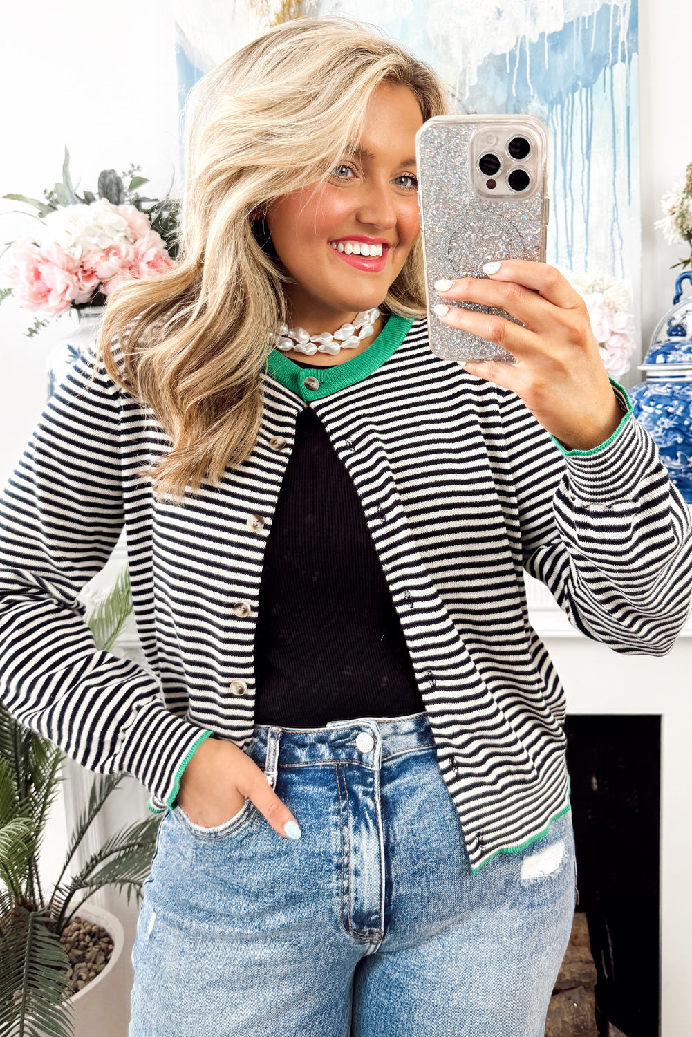 Black Stripe Plus Size Contrast Ribbed Trim Button Down Sweater Cardigan