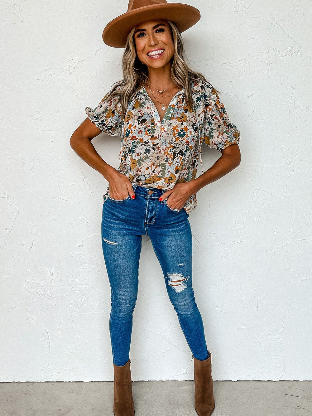 Floral Print Split V Neck Puff Sleeve Blouse