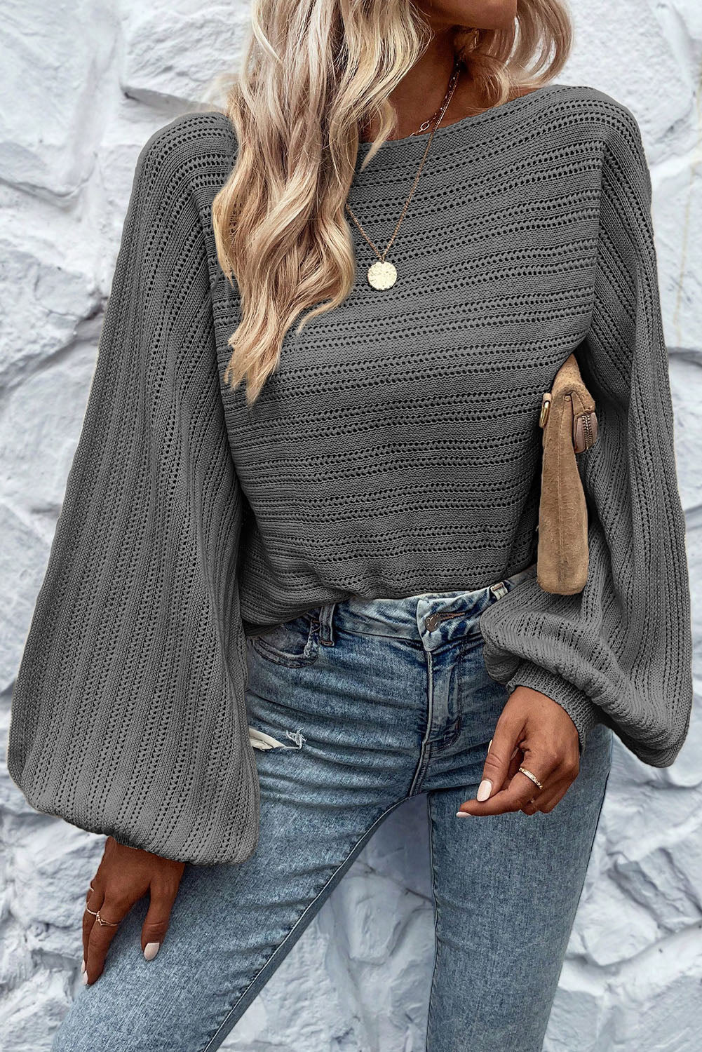 Elegant Dark Grey Eyelet Textured Knit Sweater with Lantern Sleeves