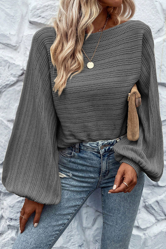 Elegant Dark Grey Eyelet Textured Knit Sweater with Lantern Sleeves