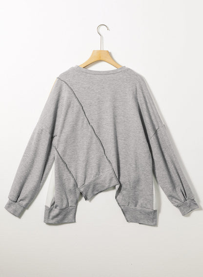 French Beige Colorblock Patchwork Long Sleeve Top with Irregular Hem