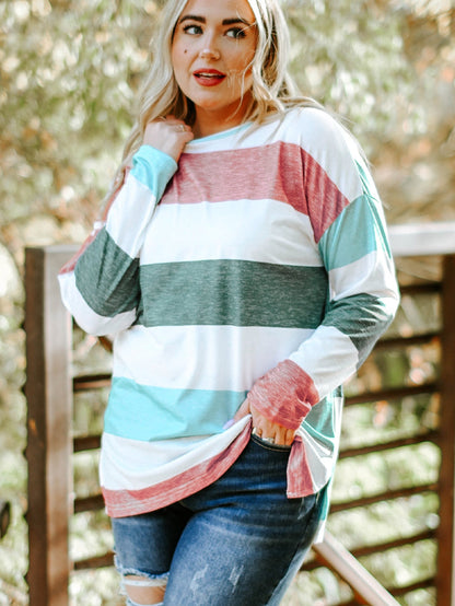 Green Striped Colorblock Shift Top for Curvy Women