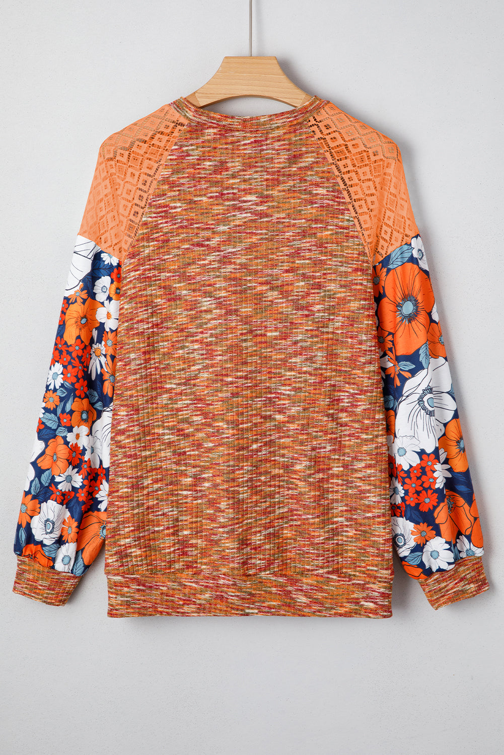 Orange Heathered Knit Lace Floral Patchwork Long Sleeve Blouse