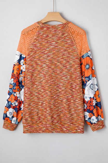 Orange Heathered Knit Lace Floral Patchwork Long Sleeve Blouse