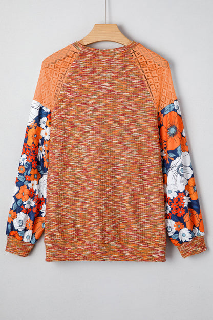 Orange Heathered Knit Lace Floral Patchwork Long Sleeve Blouse