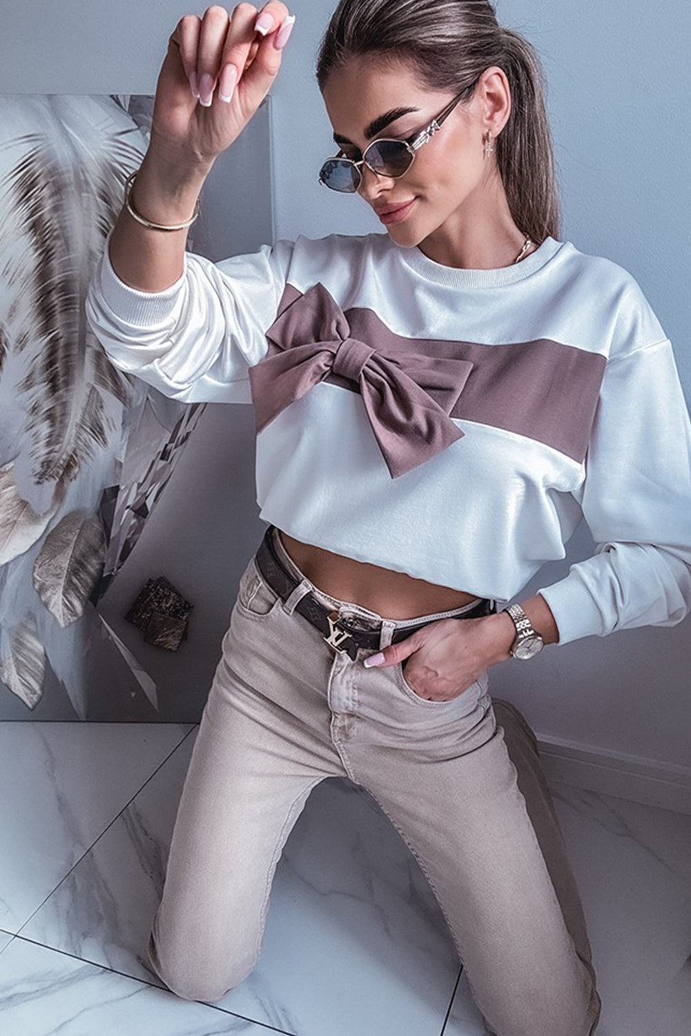 White Color Block Ribbon Bow Patchwork Crew Neck Sweatshirt