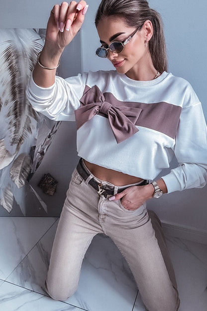 White Color Block Ribbon Bow Patchwork Crew Neck Sweatshirt
