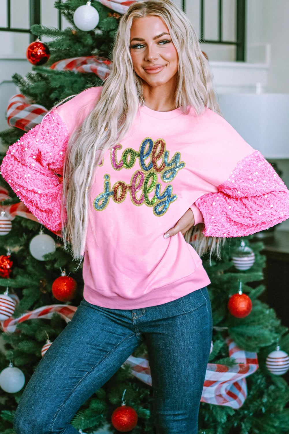 Pink Holly Jolly Sequin Letter Graphic Drop Shoulder Patchwork Long Sleeve Top