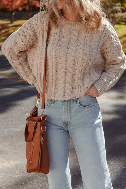 Parchment Cable Knit Crew Neck Drop Shoulder Casual Sweater