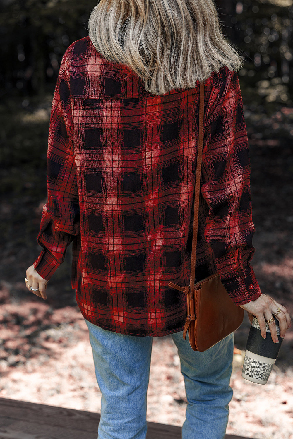 Red Retro Plaid Double Flap Pocket Brushed Shacket