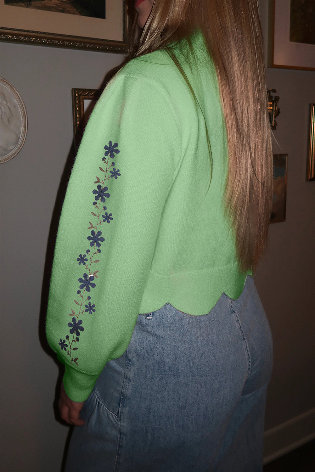 Light Green Floral Embroidered Scallop Hem Cropped Sweater