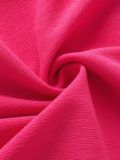 Strawberry Pink Textured 2-Tone Patchwork Frill Neck Ruffled Trim Plus Blouse