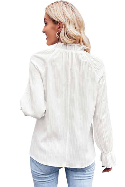 Elegant White Ruffle Detail Long Sleeve Stand Neck Blouse