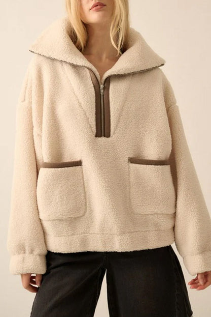 Beige Collar Half Zip Pocketed Fleece Sweatshirt