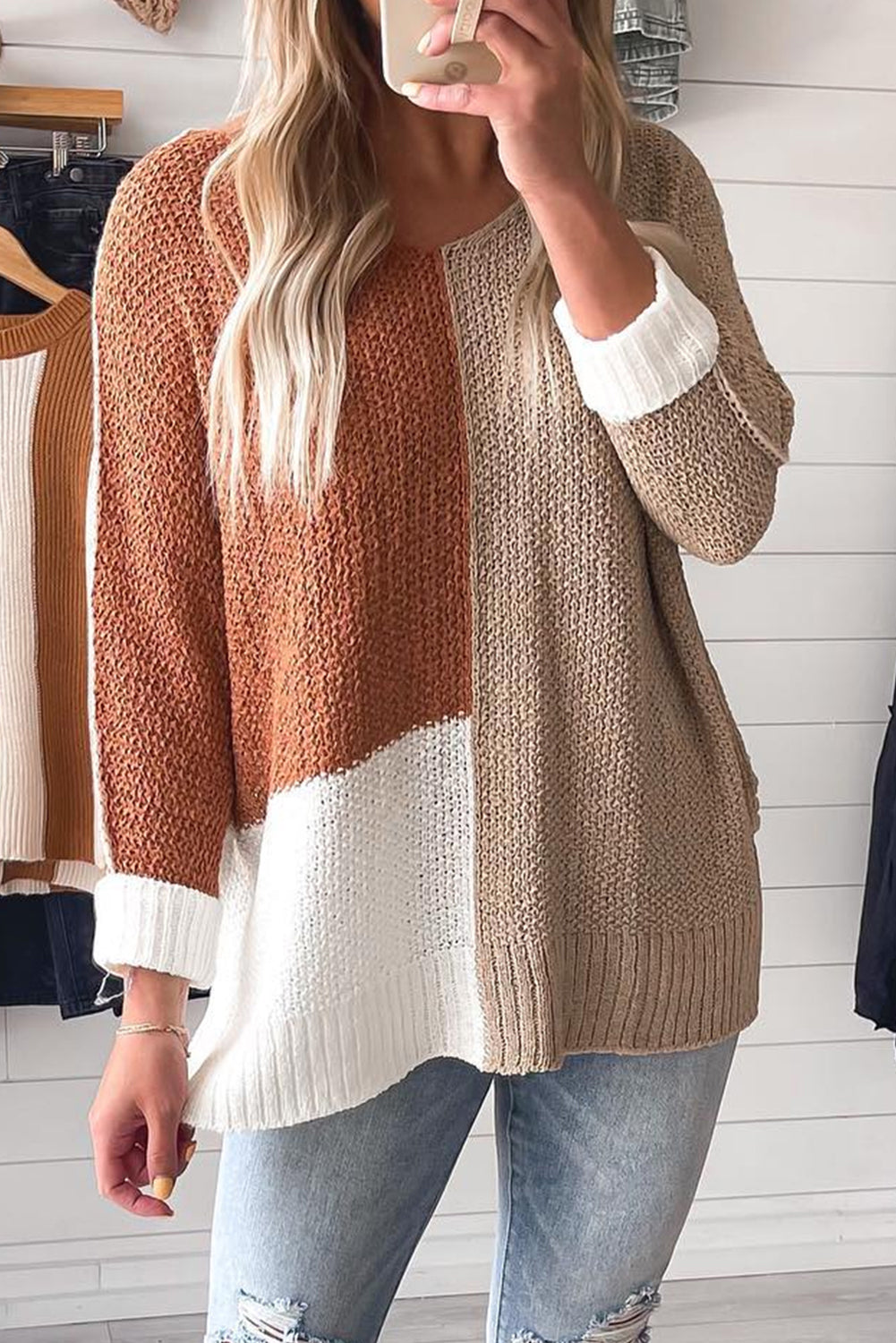 Chestnut Color Block Knit V Neck Loose Sweater
