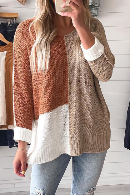 Chestnut Color Block Knit V Neck Loose Sweater