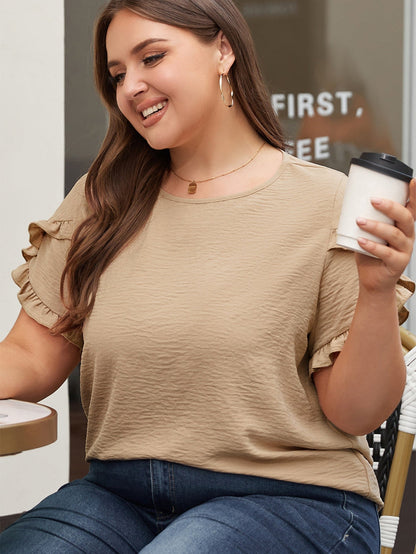 Light Beige Ruffle Sleeve Plus Size Top for a Chic Look