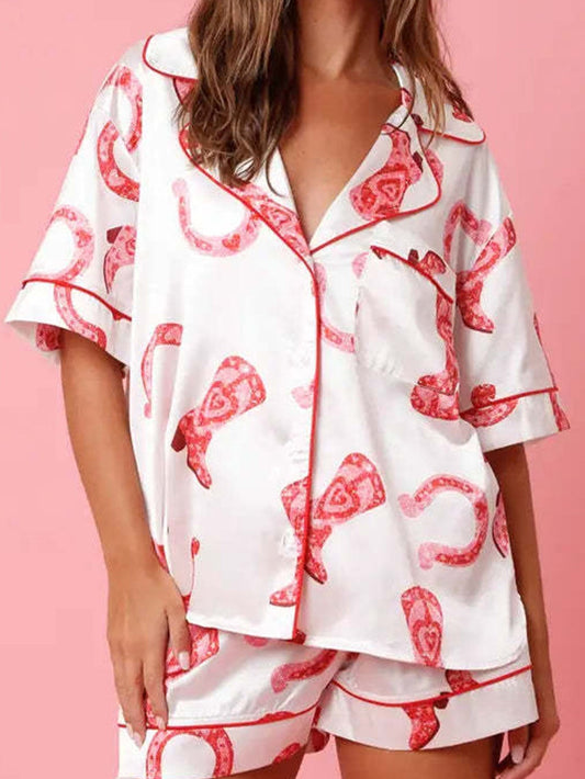 Elegant White Satin Sleepwear Set with Heart Print
