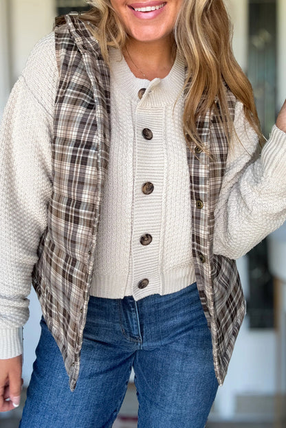 Brown Retro Plaid Print Snap Button Stand Neck Vest