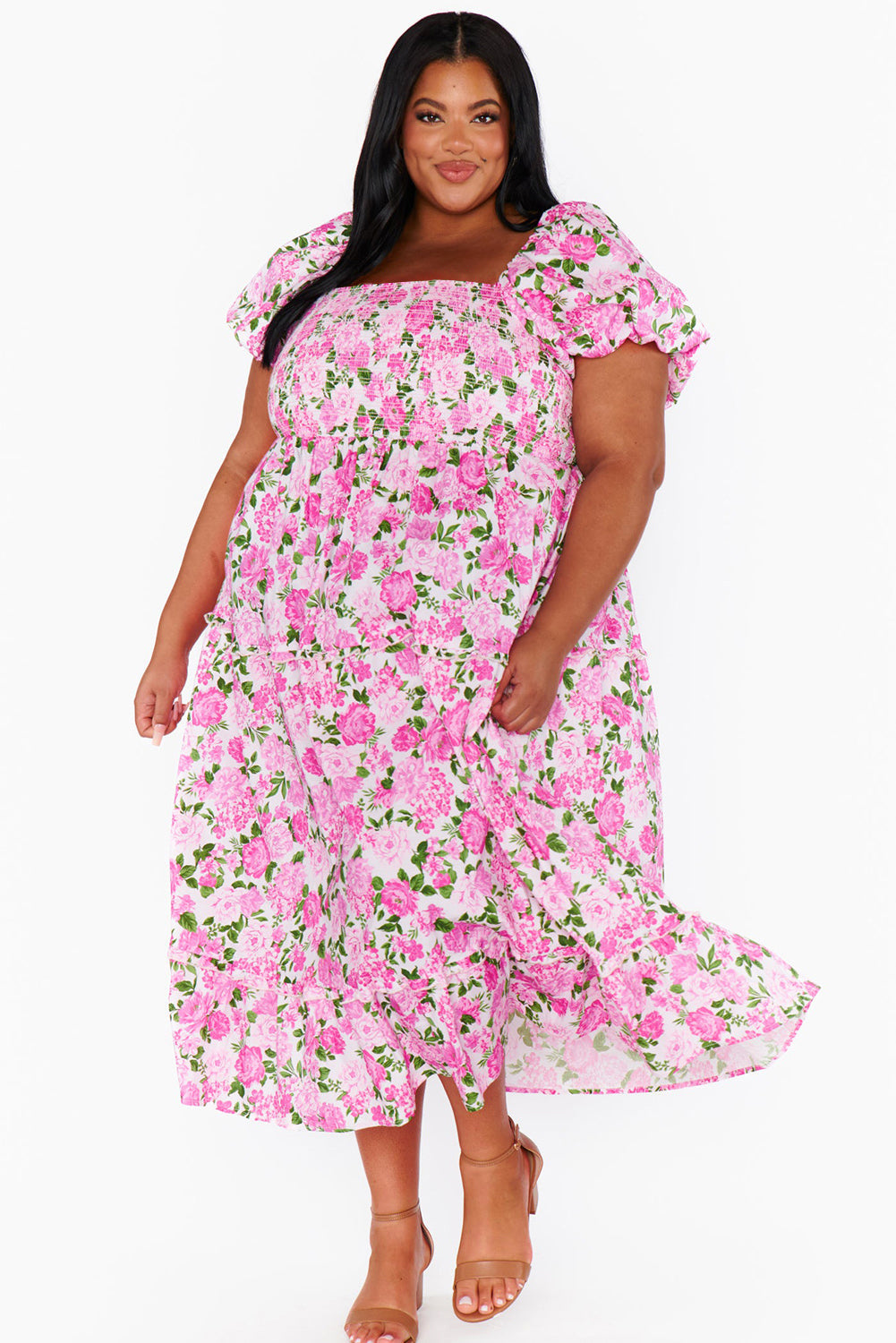 Elegant Pink Floral Smocked Puff Sleeve Maxi Dress