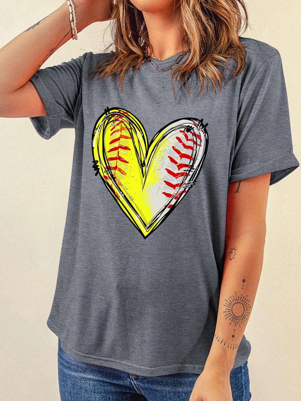 Baseball Heart Print Gray Crew Neck Tee