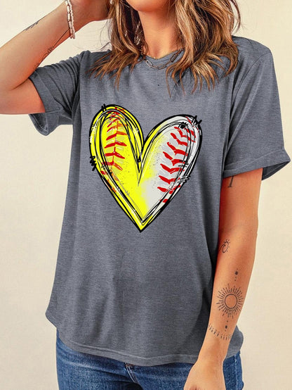 Baseball Heart Print Gray Crew Neck Tee