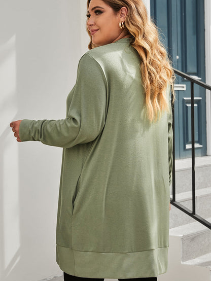 Green V-Neck Plus Size Snap Button Cardigan with Pockets