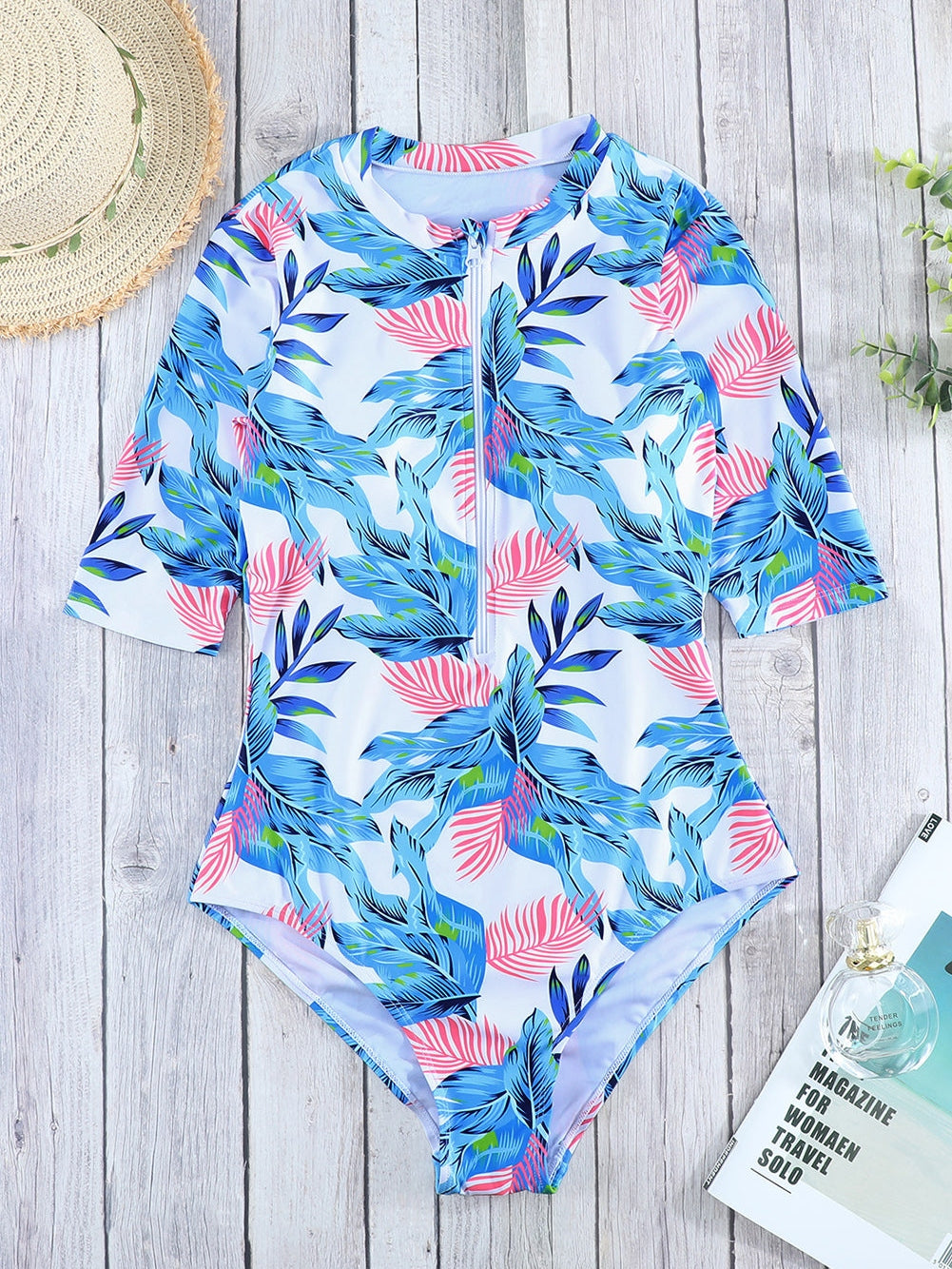 Floral Print Zip Front Half Sleeve Beach One Piece Swimsuit