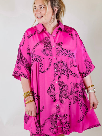 Rose Cheetah Print Half Sleeve Buttoned Plus Size Mini Dress