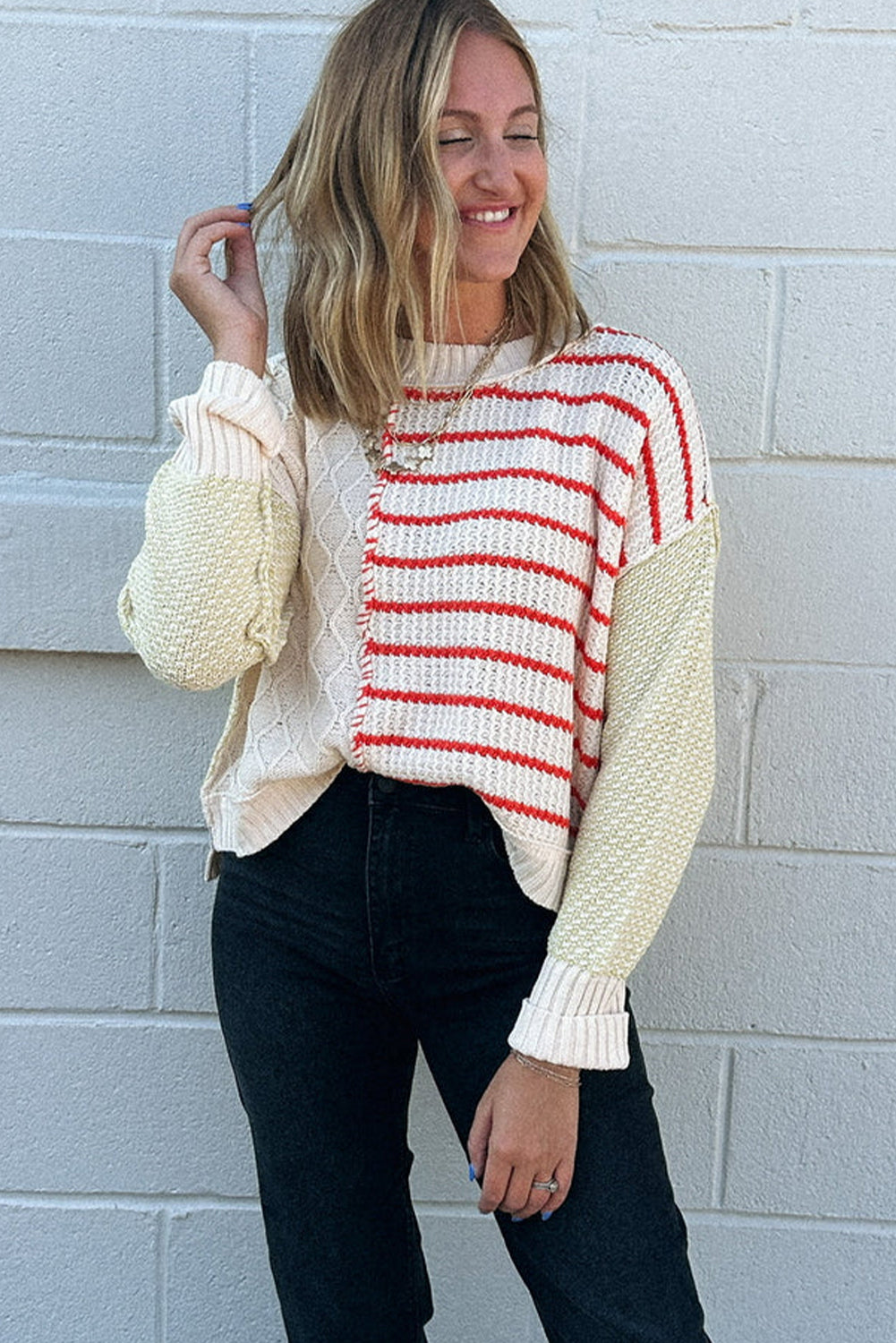 Red Stripe Mix Texture Patchwork Drop Shoulder Knit Loose Sweater