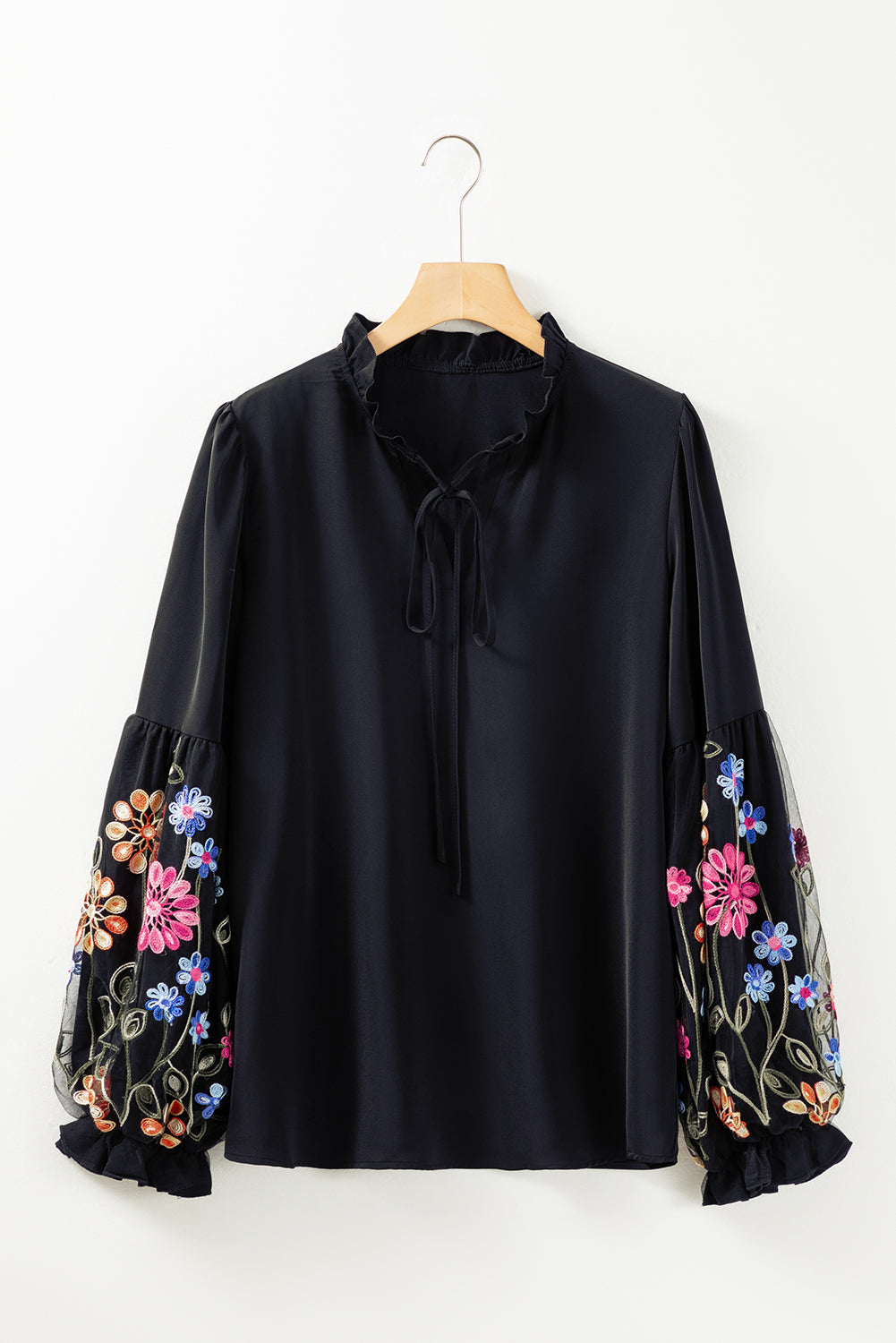 Elegant Black Floral Embroidered Flounce Sleeve Blouse with Split V-Neck