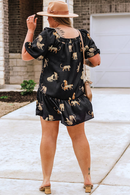 Cheetah Wonderland Plus Size Mini Dress with Puff Sleeve Flair