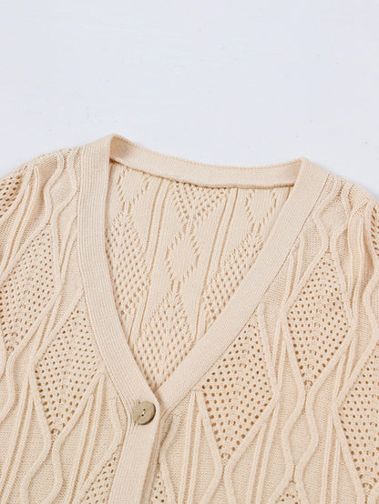 Elegant Apricot V-Neck Oversized Knit Cardigan with Button Detail