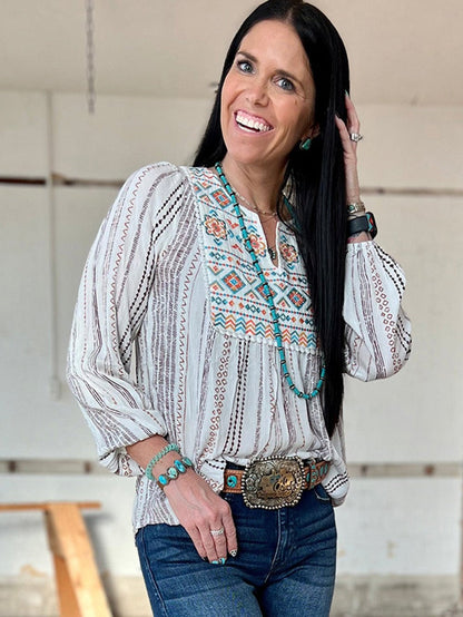 Ethnic Chic White Aztec Embroidered Notched Blouse